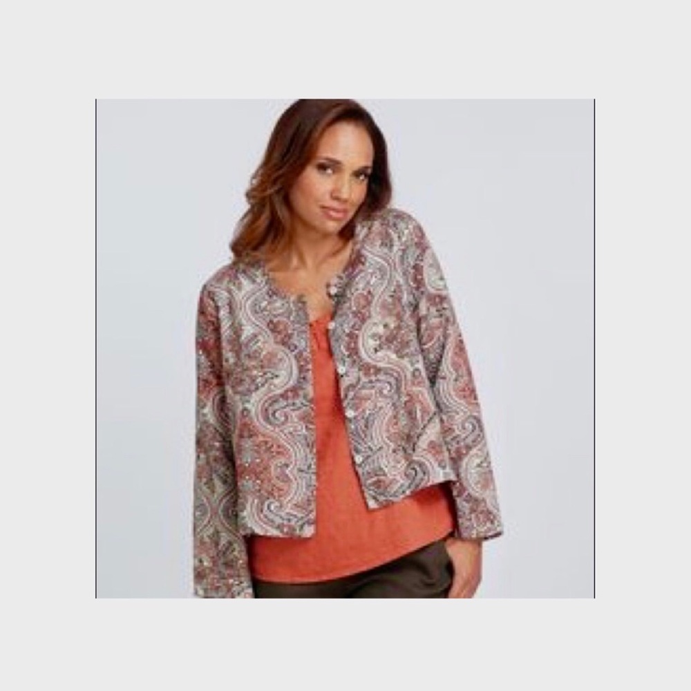 Flax 100% Linen Cardigan Jacket Paisley Patterned Jacket With Pocket